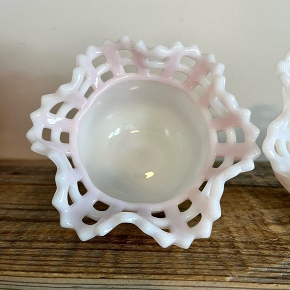 Fenton Rosalene milk glass slag glass basket weave bowl - Picture 3 of 7